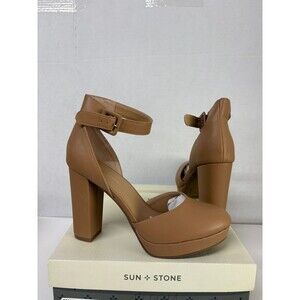 SUN+STONE Women's Estrella Nude Round-Closed Toe Block Heel Pumps Sz 8.5M
